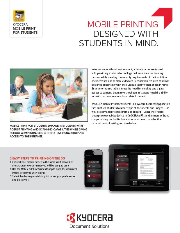 Kyocera Software Mobile And Cloud Kyocera Mobile Print For Students Data Sheet Thumb, Accel Imaging Systems, Kyocera Dealer, Dallas, Fort Worth, TX, Copier, MFP, Printer, Sales, Service, Supplies)