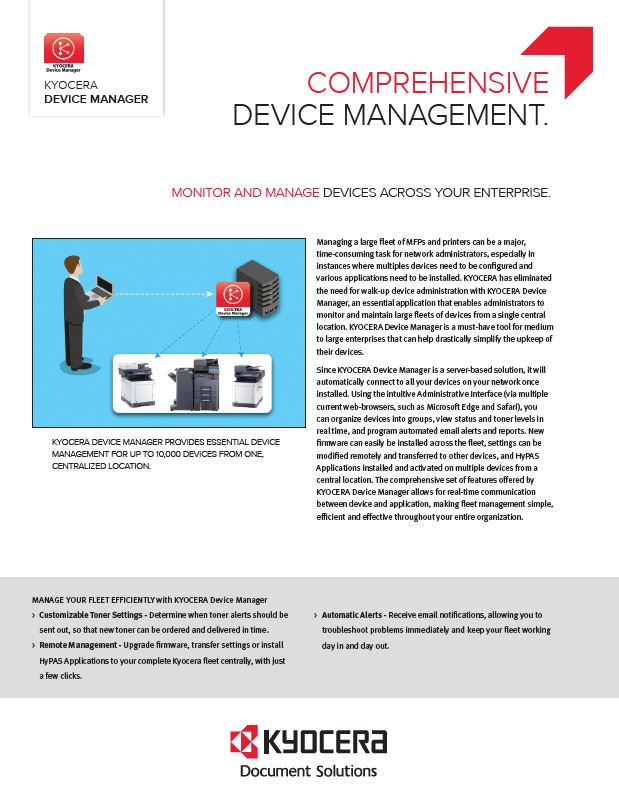 Kyocera Software Network Device Management Kyocera Device Manager Data Sheet Thumb, Accel Imaging Systems, Kyocera Dealer, Dallas, Fort Worth, TX, Copier, MFP, Printer, Sales, Service, Supplies)