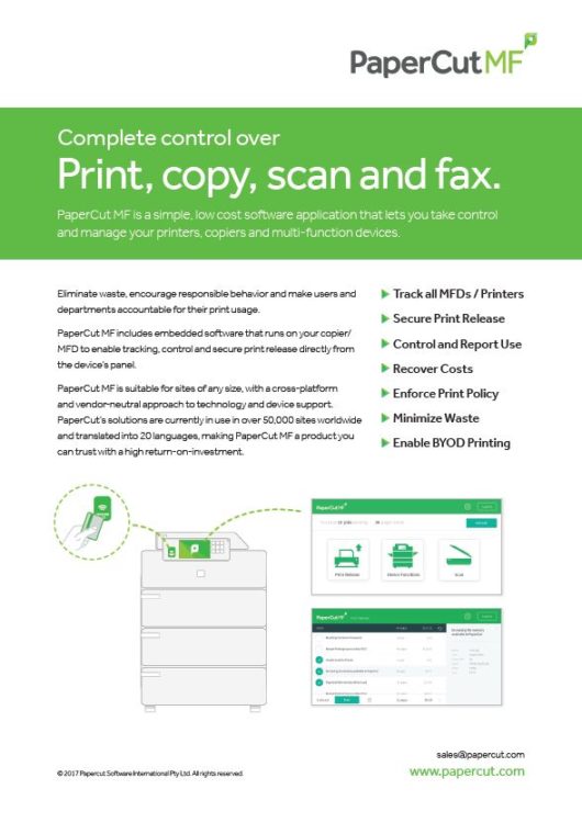Fact Sheet Cover, Papercut MF, Accel Imaging Systems, Kyocera Dealer, Dallas, Fort Worth, TX, Copier, MFP, Printer, Sales, Service, Supplies)